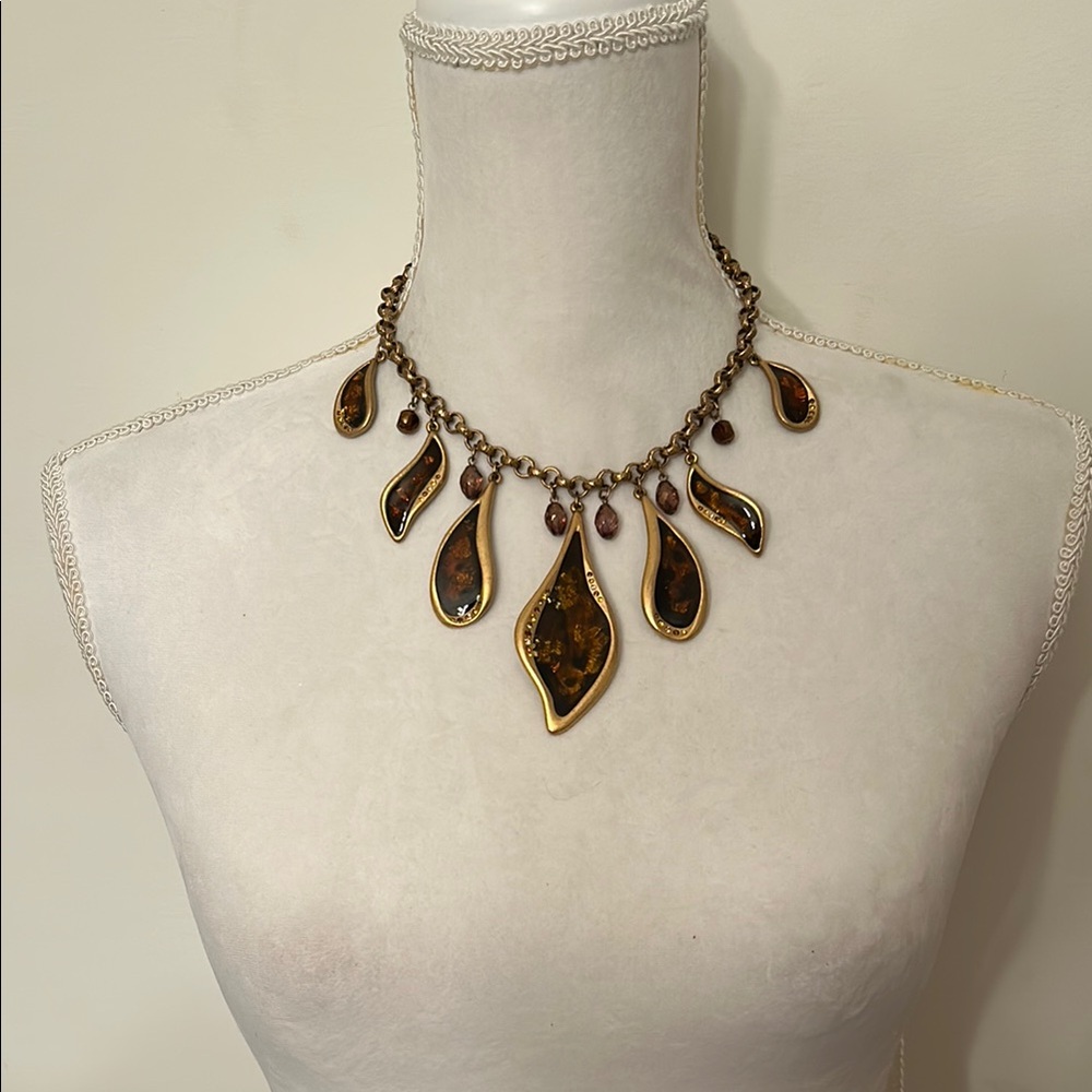 Chico’s Gold Brass W/Brown Accents W/Beads Chunky Boho Teardrop Shaped Necklace